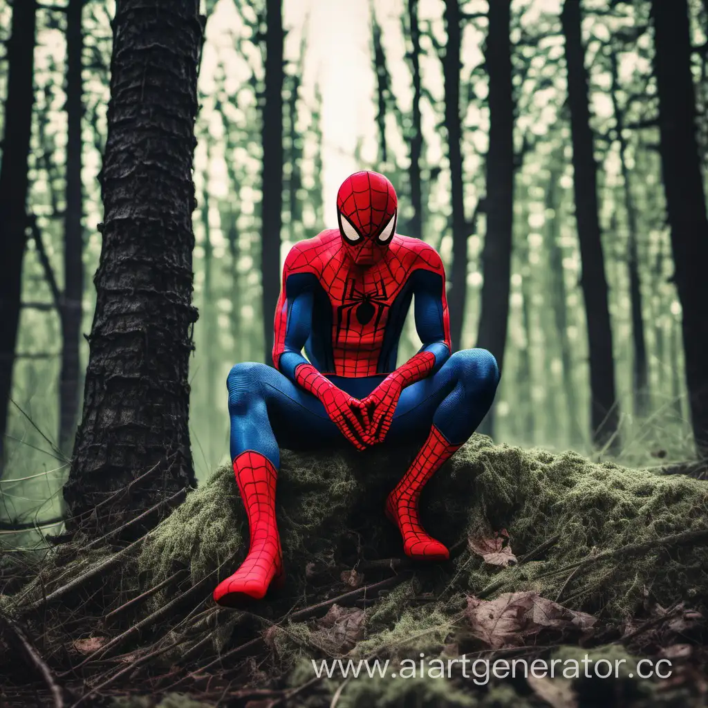 грустный человек паук в лесу