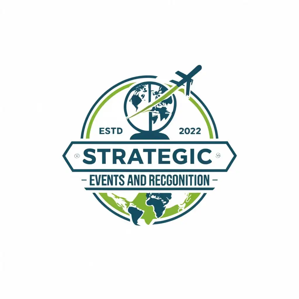 a logo design,with the text "Strategic"
"Awards", "events" "and recognition", main symbol:Travel logo that is colorful ,Minimalistic,be used in Travel industry,clear background. Make the bottom blank and add airplane at top. use only Blue and Dark green colors

