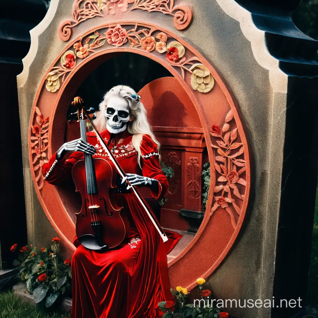 Psychedelic Tombstone Serenade Skeleton Playing Violin in Red Dress