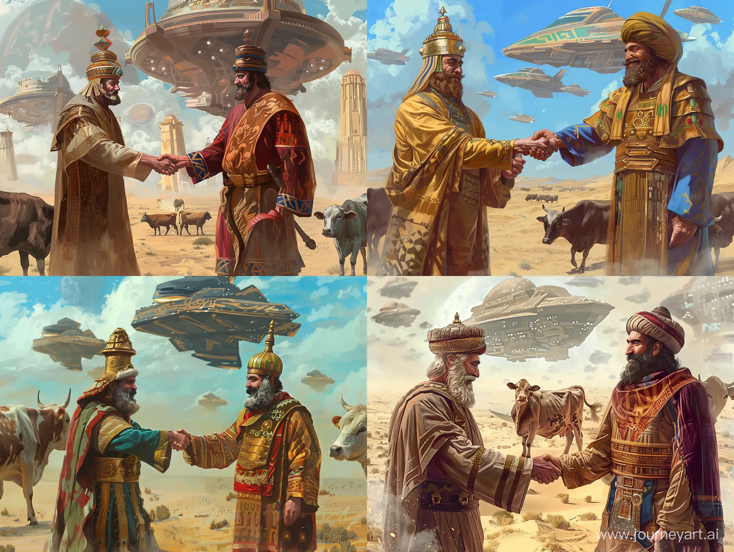 cyrus the great is shaking nadirshah hands and both are smiling, in lut desert,realistic,space ships background is trying to take a cow up,--q2