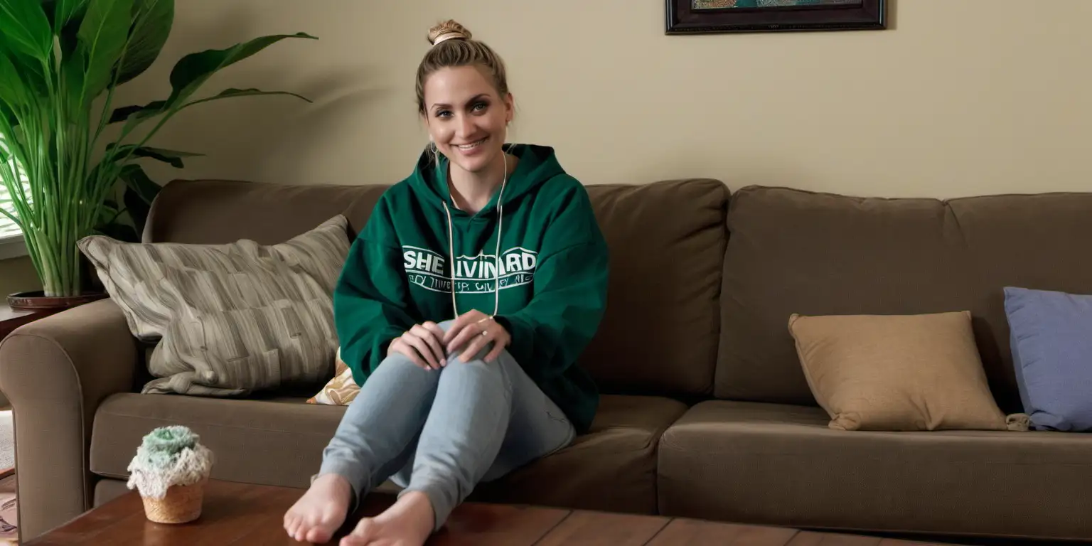 Smiling Woman in Green Hooded Jacket Relaxing on Couch