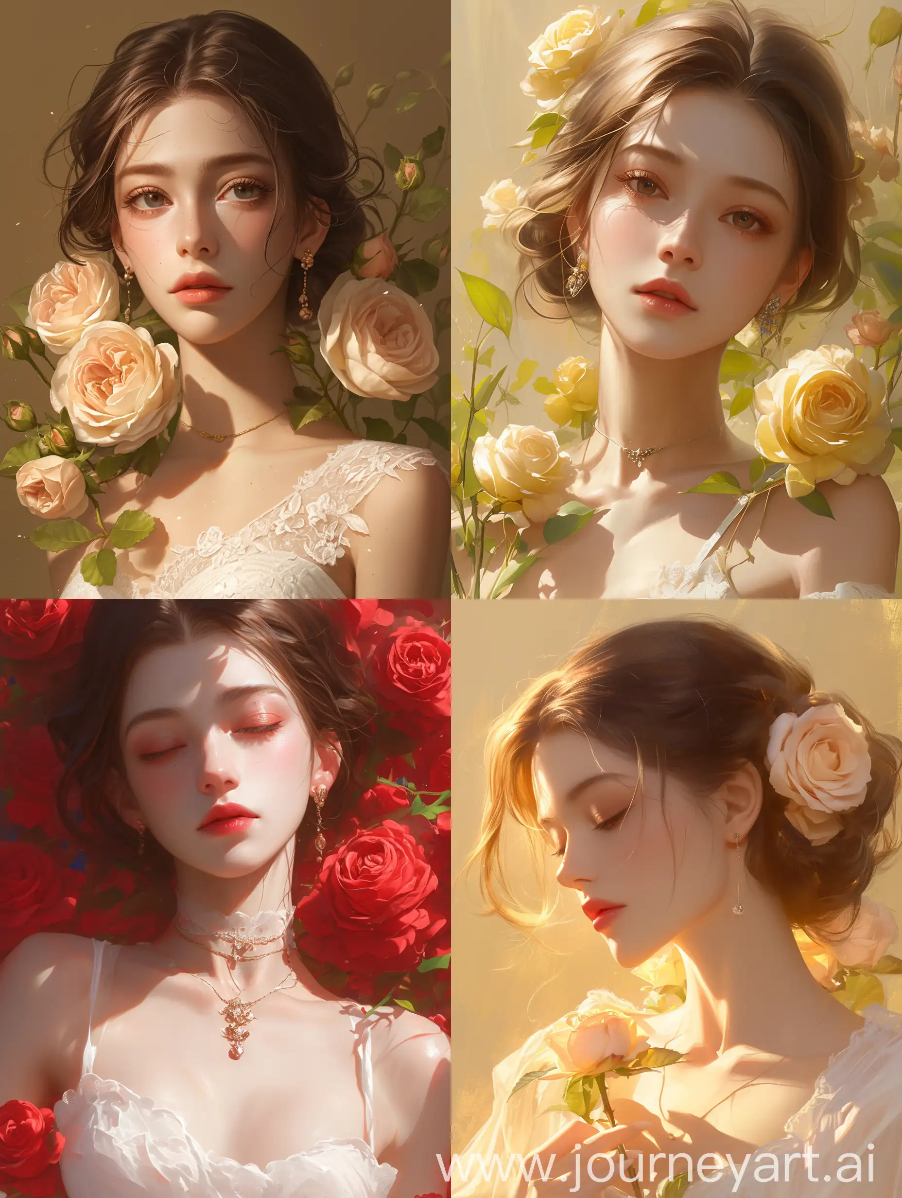  realistic digital art of woman with roses, beautiful, composition, wlop --niji 6
