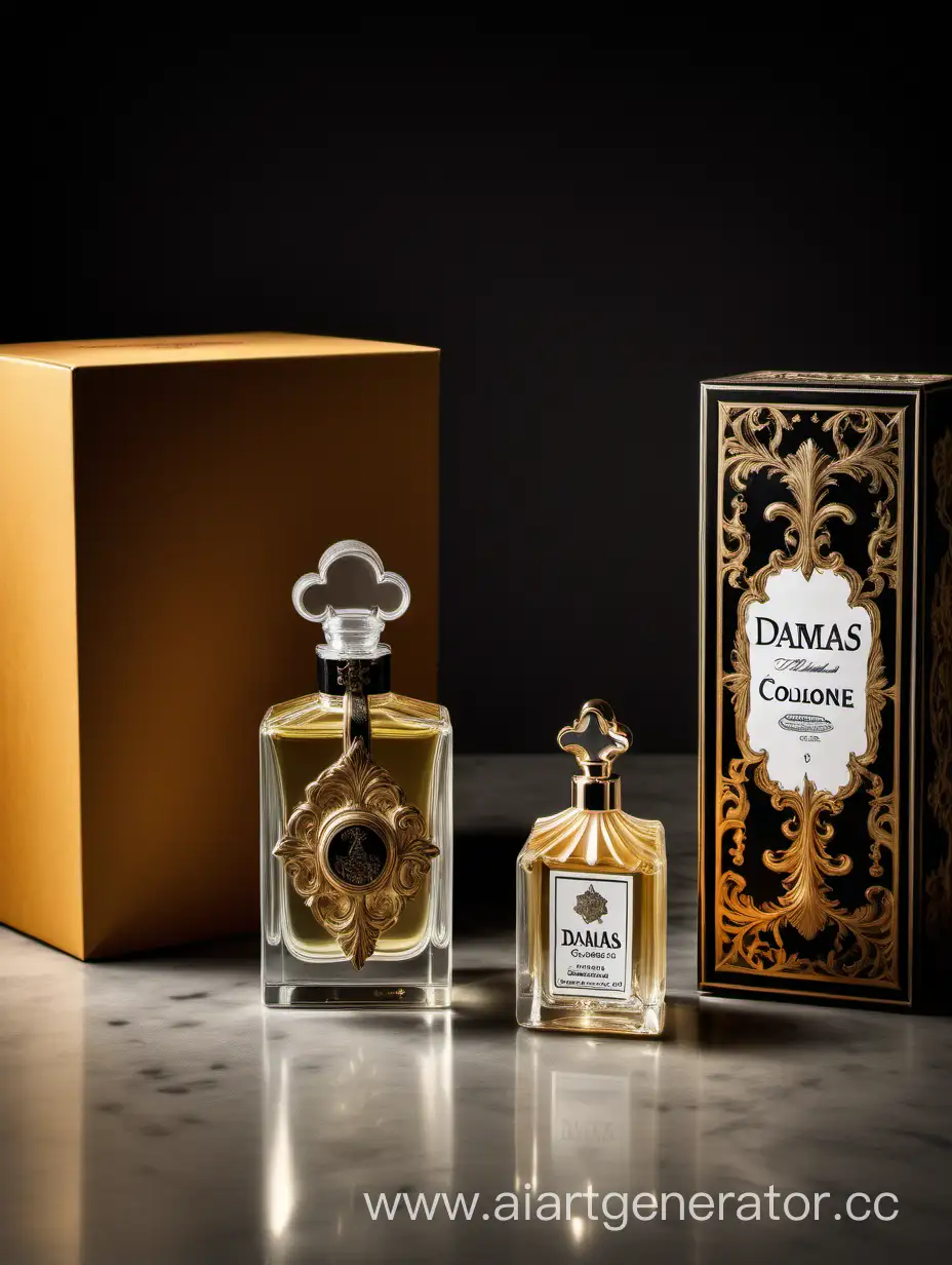 a bottle of damas cologne sitting next to a box, a flemish Baroque by Demetrios Farmakopoulos, instagram contest winner, dau-al-set, dynamic composition, contest winner, feminine