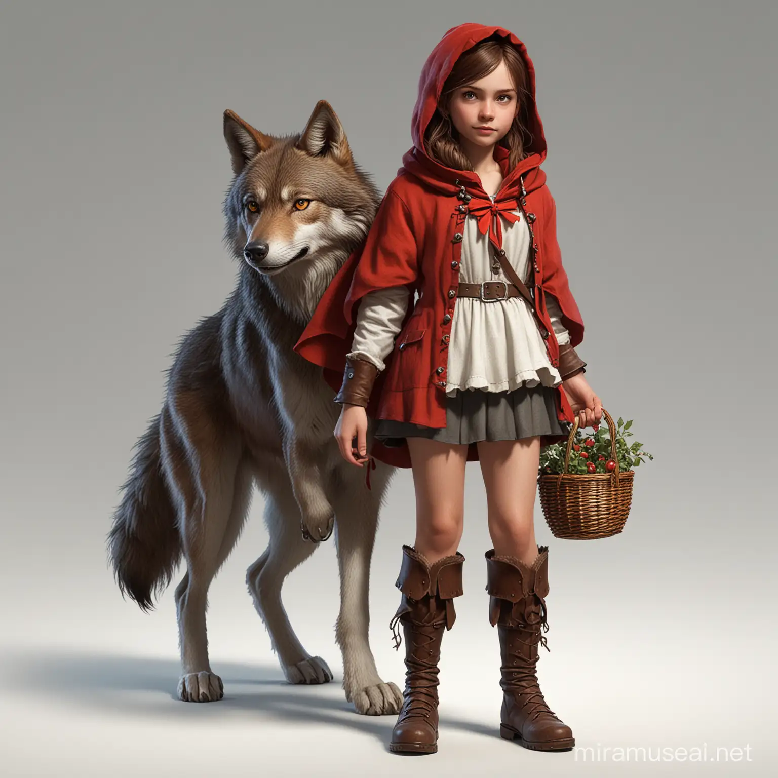 realistic full body shot of little red riding hood, wolf, cartoonish, inventive character designs, color settings, 
highly detailed digital art, fixed on white background,  james gurney art --v 5.2 --s 250
