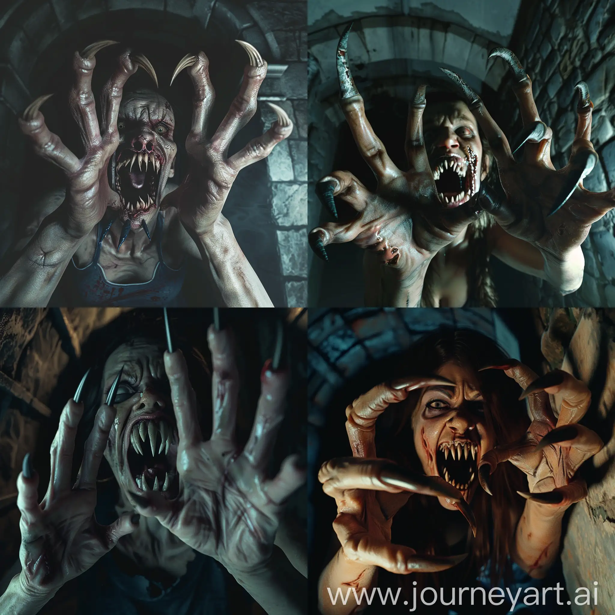 A horrifying nightmare scene of aggressive zombie woman with extra long curved pointed nails like beast claws on her five-fingered hands, her mouth is open with pointed sharped teeth, resembling fangs, she attacks you, scene inside darkness crypt, hyper-realism, cinematic, high detail, photo detailing, high quality, photorealistic, terrifying, aggressive, sharp teeth-fangs, dark atmosphere, realistic detailed, detailed nails, atmospheric lighting.