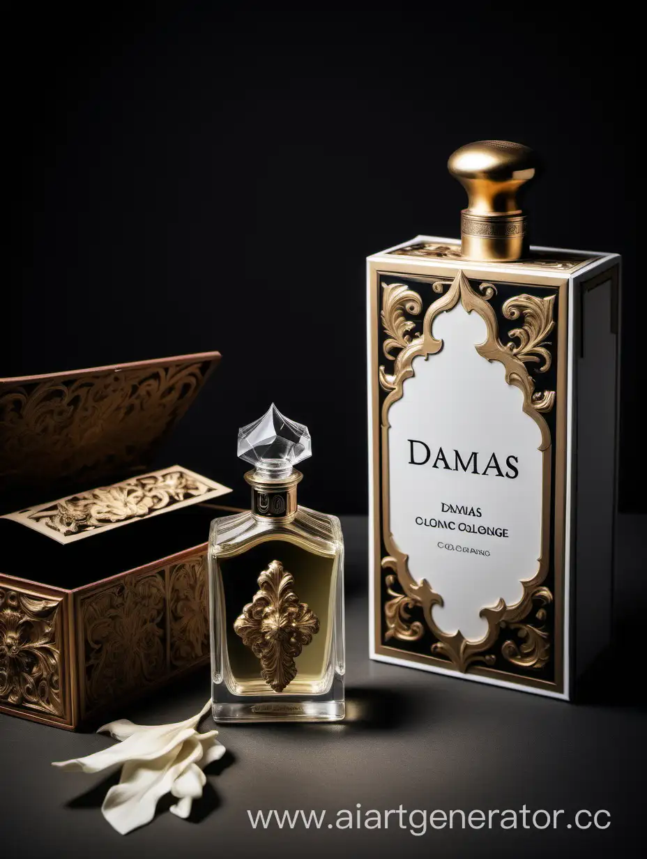 a bottle of damas cologne sitting next to a box, a flemish Baroque by Demetrios Farmakopoulos, instagram contest winner, dau-al-set, dynamic composition, contest winner, feminine