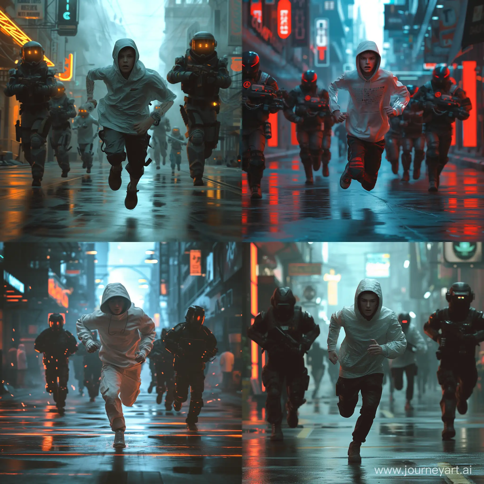 a futuristic white  teen drug dealer runs down a dystopian  future street pursued by futuristic security guards,photo-realistic,atmospheric lighting