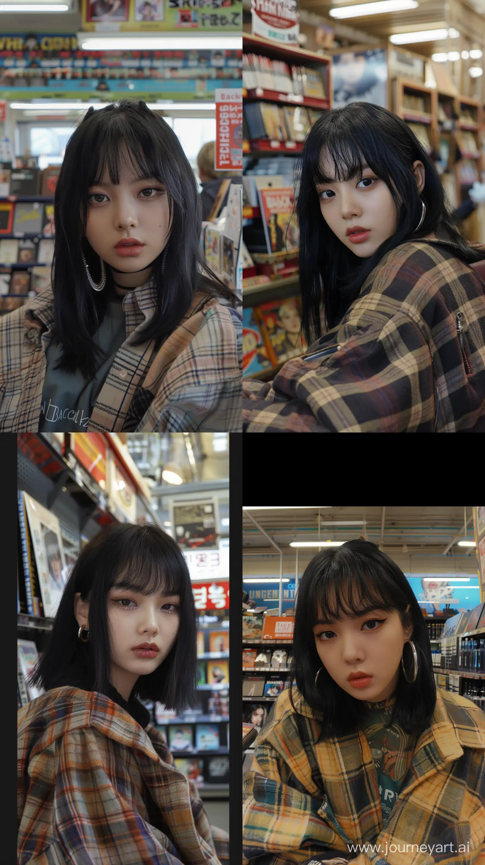 blackpink's jennie with black medium wolfcut hair, wide set eyes, aestethic make up, wearing oversized flannel, inside album store --ar 9:16