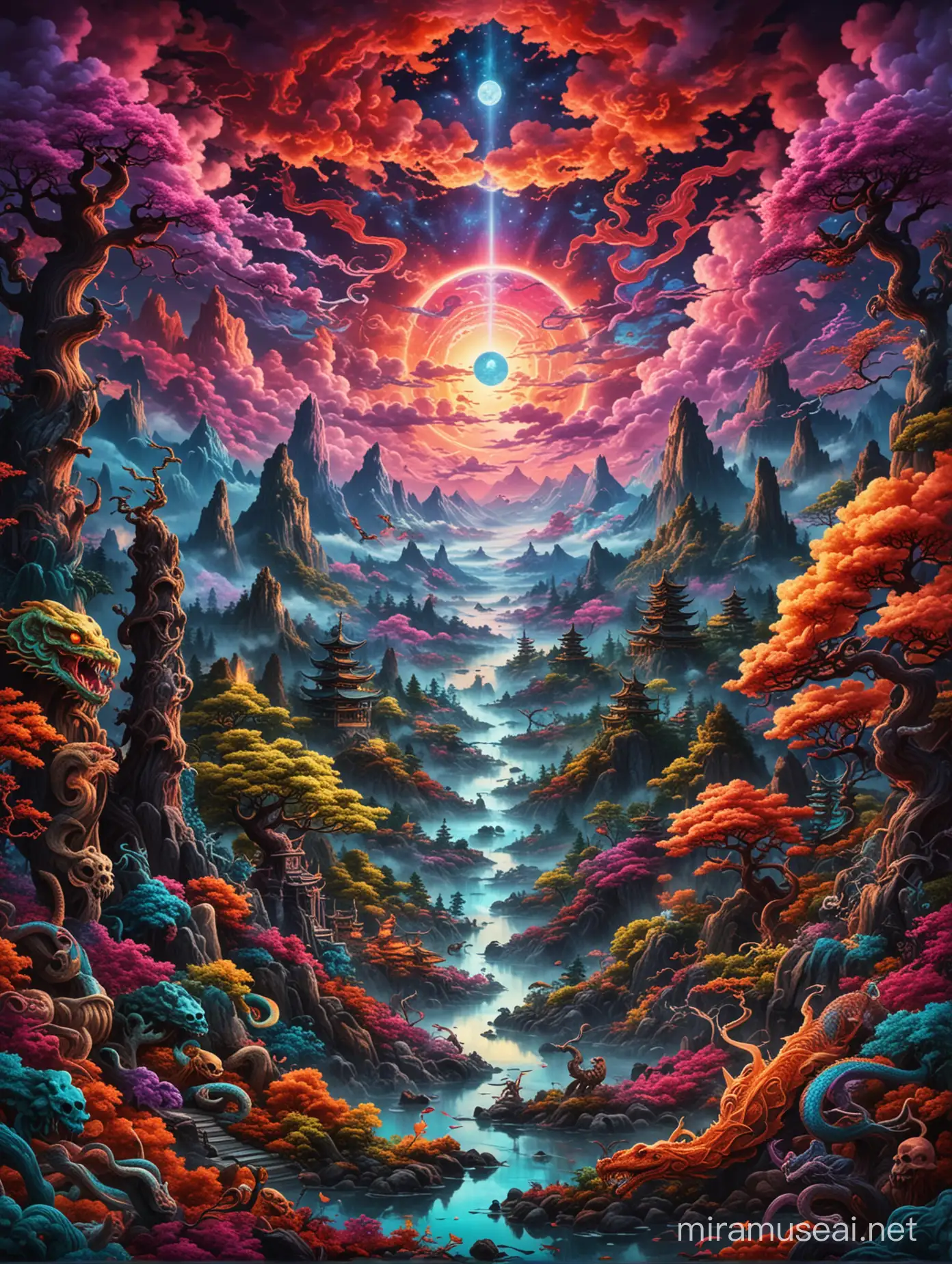 Psychedelic visionary world, vivid colors with japness clouds , dragon, snake , forest tress, dead skulls, mountains, third eye energy both side lamp down side fully dark hell world 
