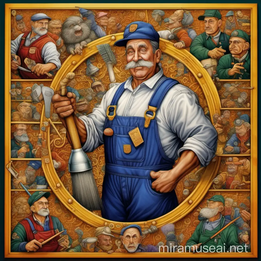 Create an image of a Janitor in the style of Arthur Szyk
