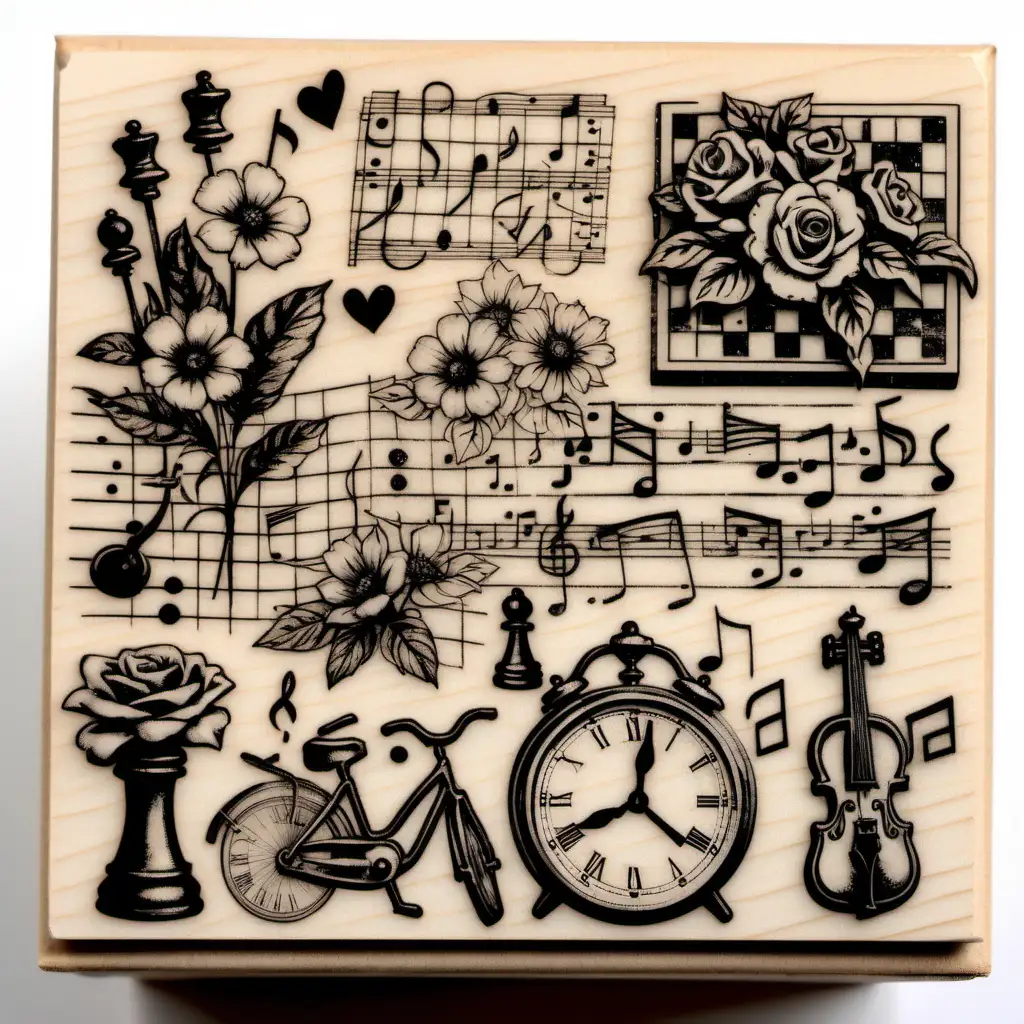 shabby chic scrapbooking rubber stamp, flowers, script, music notes, clocks, chess pieces, bikes, 