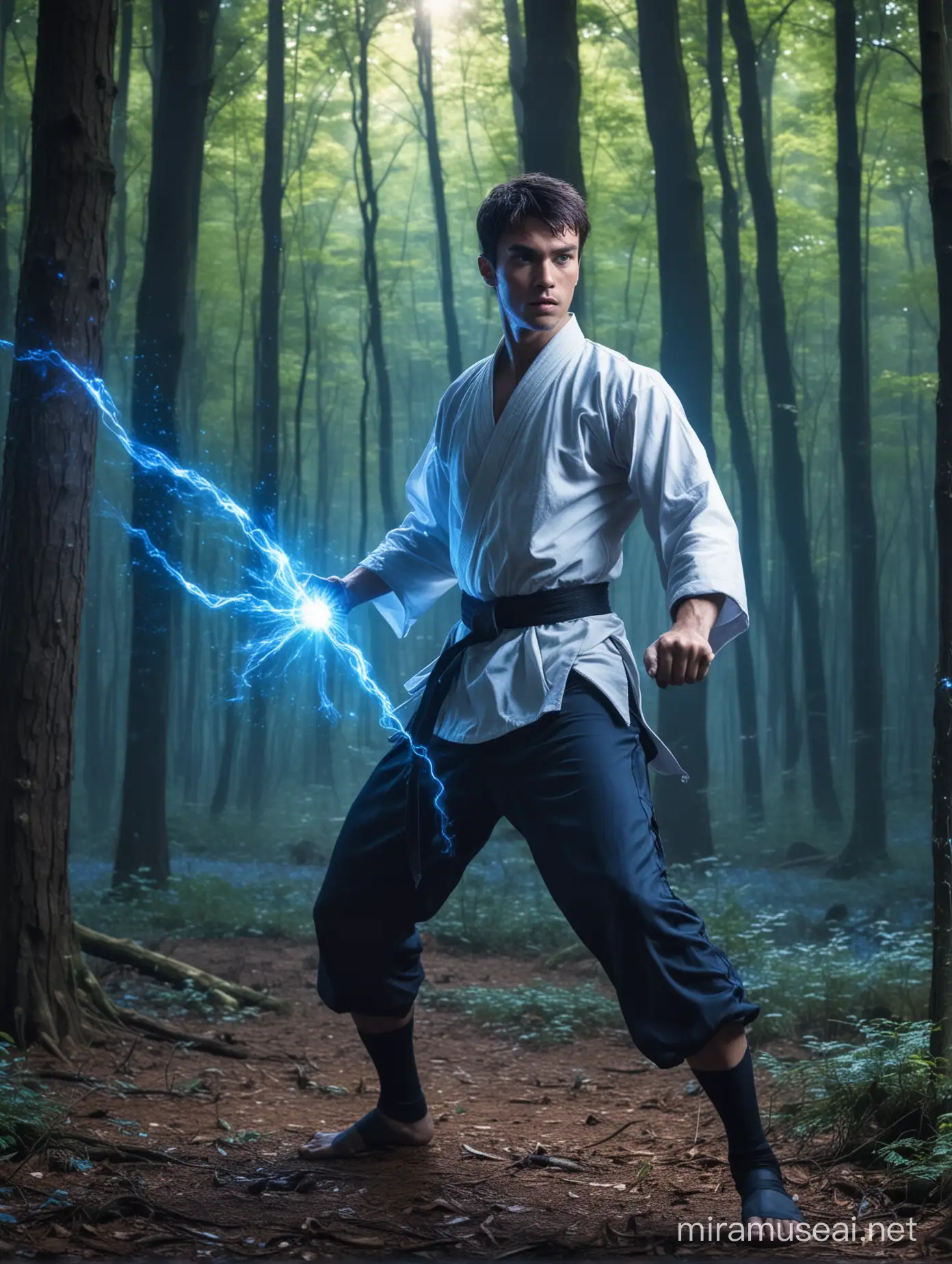 A handsome young martial art man, carrying out some fighting skills in a mythical forest, with blue glowing luminous light around him