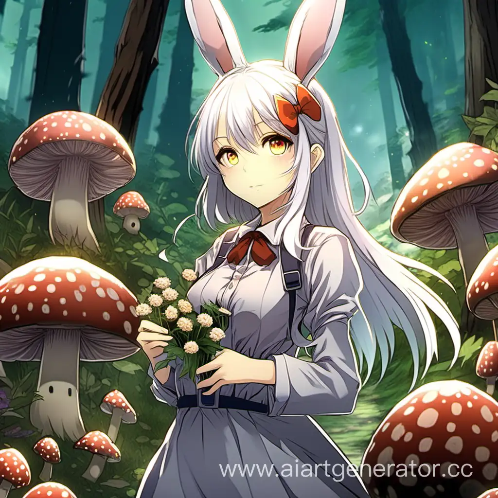 Anime-Art-WhiteHaired-Bunny-Girl-Collecting-Flowers-in-Giant-Mushroom-Forest