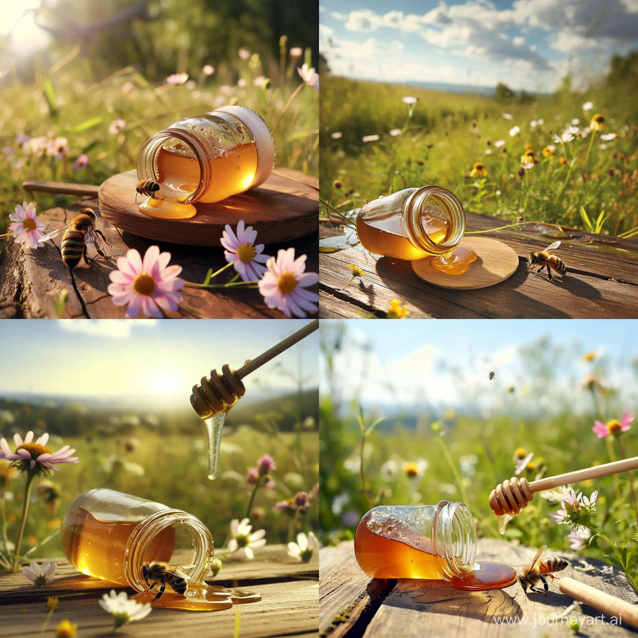 Umgefallenes offenes Honigglas liegt auf einem Holztisch im Freien. Eine Honigbiene sammelt die kleine Menge Honig die ausgelaufen ist vom Tisch. Der Tisch steht auf einer Wiese mit blühenden Wildblumen.