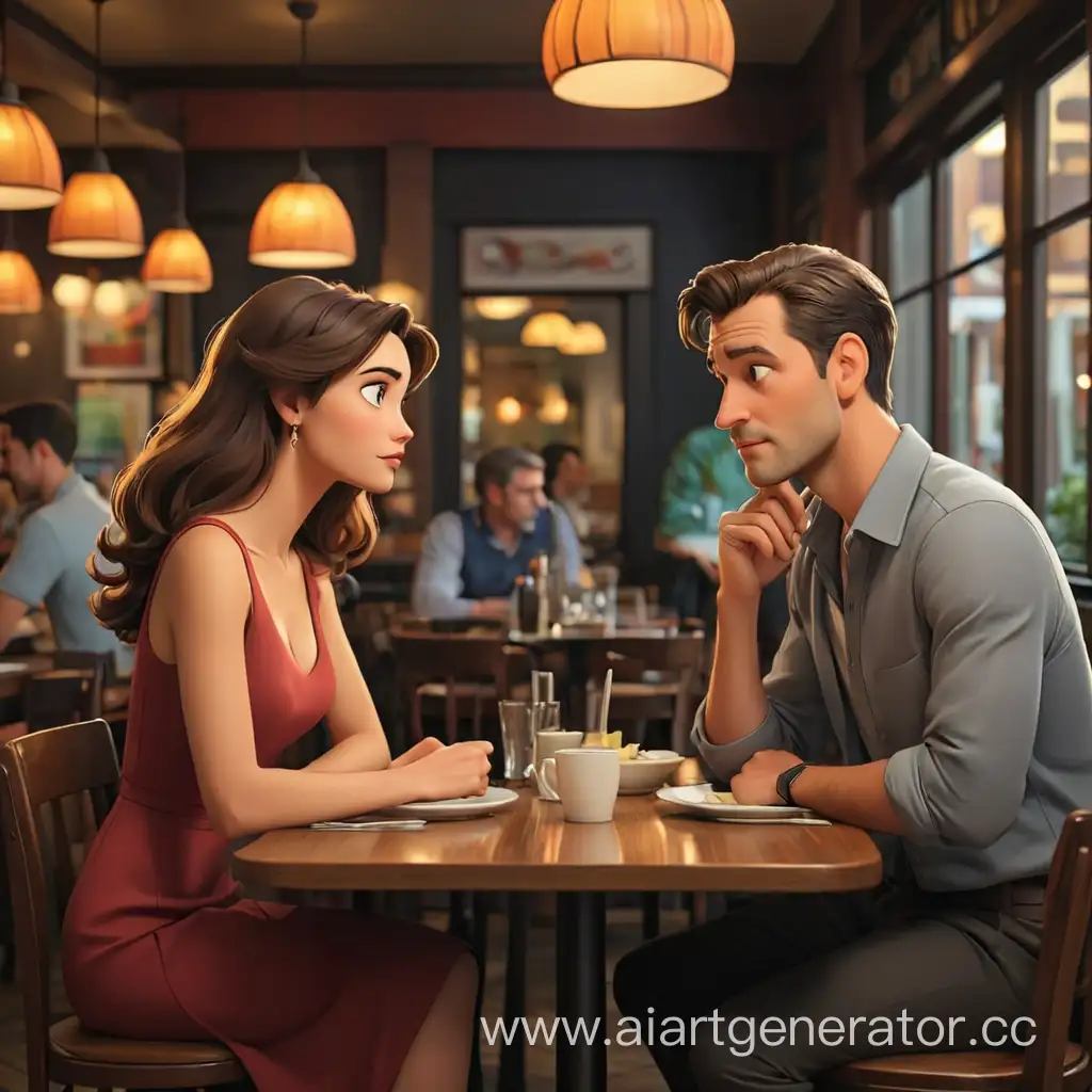 мультяшный мужчина которому не интересно общаться и влюбленная женщина сидят за столом в ресторане с заполненными столиками напротив друг друга