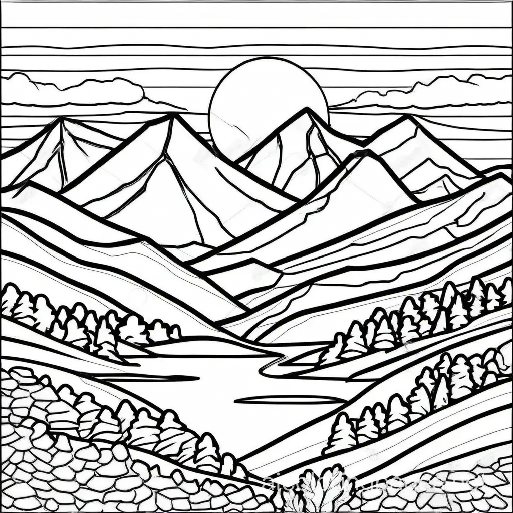 create a sunset with mountain view , Coloring Page, black and white, line art, white background, Simplicity, Ample White Space. The background of the coloring page is plain white to make it easy for young children to color within the lines. The outlines of all the subjects are easy to distinguish, making it simple for kids to color without too much difficulty