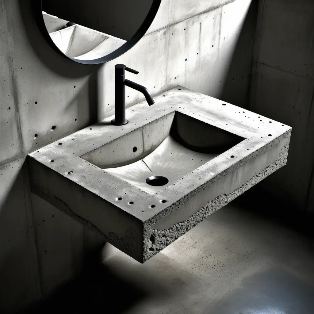 Brutalist Sink, a bathroom sink made of concrete, Brutalist architectural style, stark, utilitarian. 