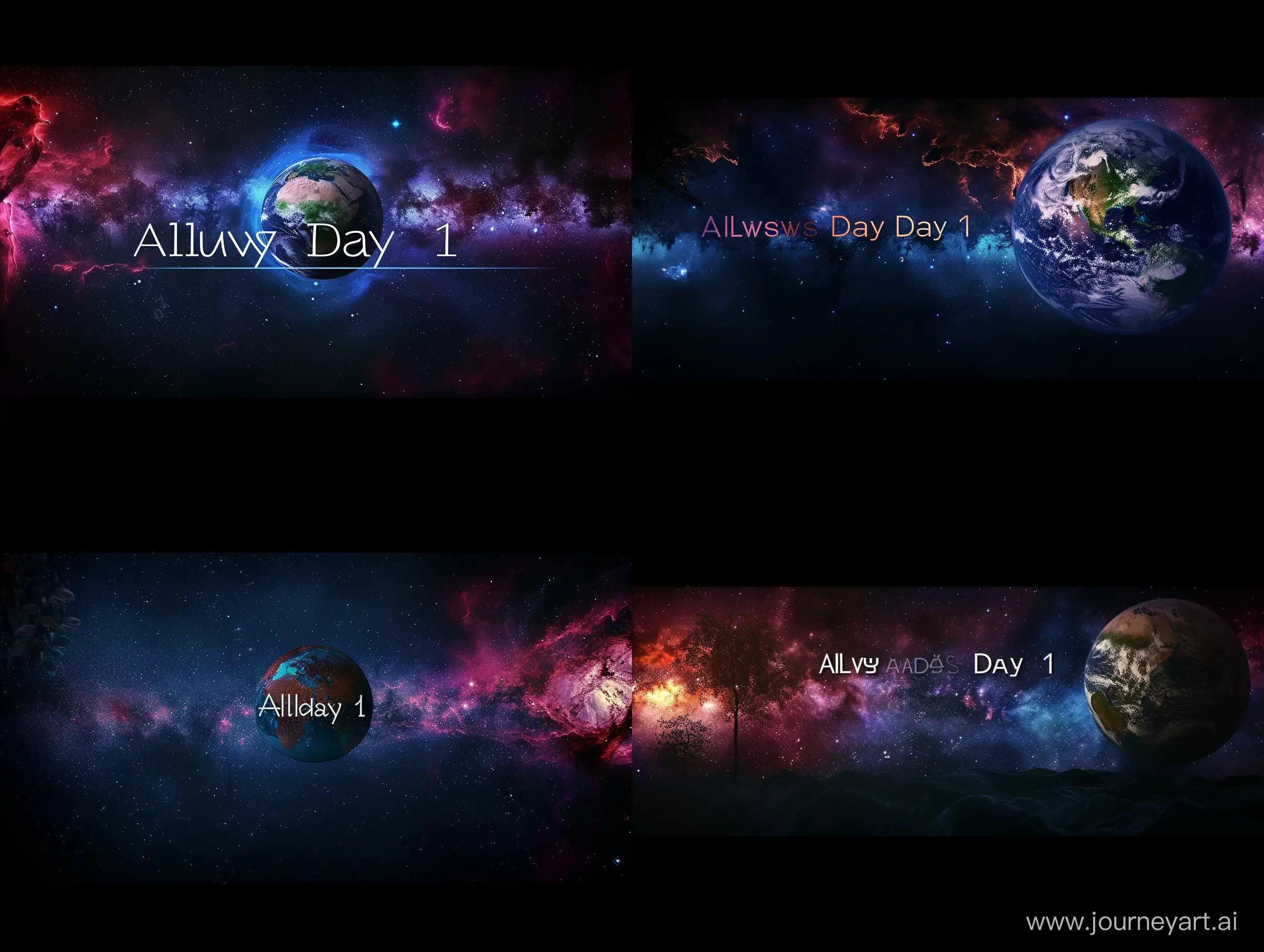 create a panorama wide screen  image with dark blue, dark purple and black tones. the background is a galaxy. place a earth object that has a diameter about 30% of the image height. The object should be positioned in the image center. On that object place a text "Always Day 1". The text should be split in two lines. The text should span most of the image