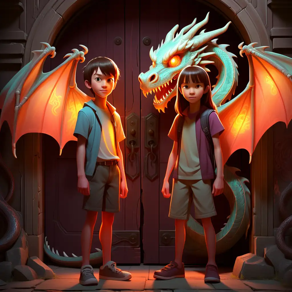Adventurous Preteen Duo Confront Glowing Dragon Doorway