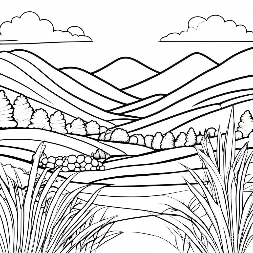 A landscape serene, Coloring Page, black and white, line art, white background, Simplicity, Ample White Space. The background of the coloring page is plain white to make it easy for young children to color within the lines. The outlines of all the subjects are easy to distinguish, making it simple for kids to color without too much difficulty
