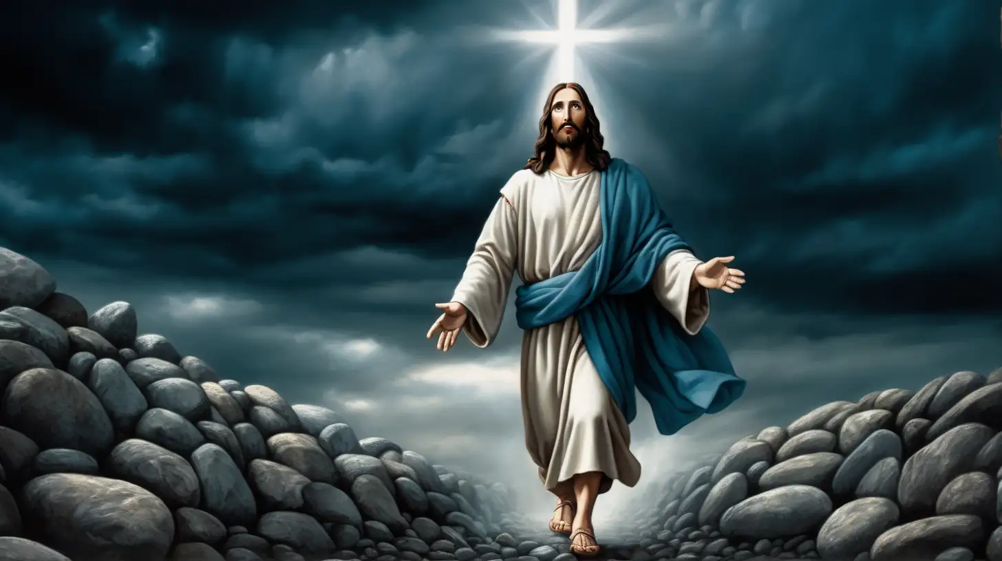 Close up full image, Jesus christ, walking in stones, dark background, blue dark clouds, followers with him. 