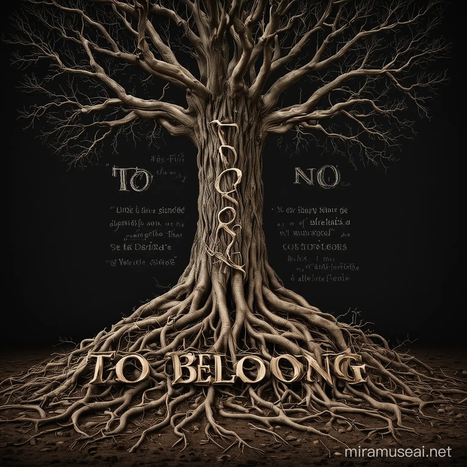 tree roots wrapping around the words 'To Belong', the text should be thick, use a black background