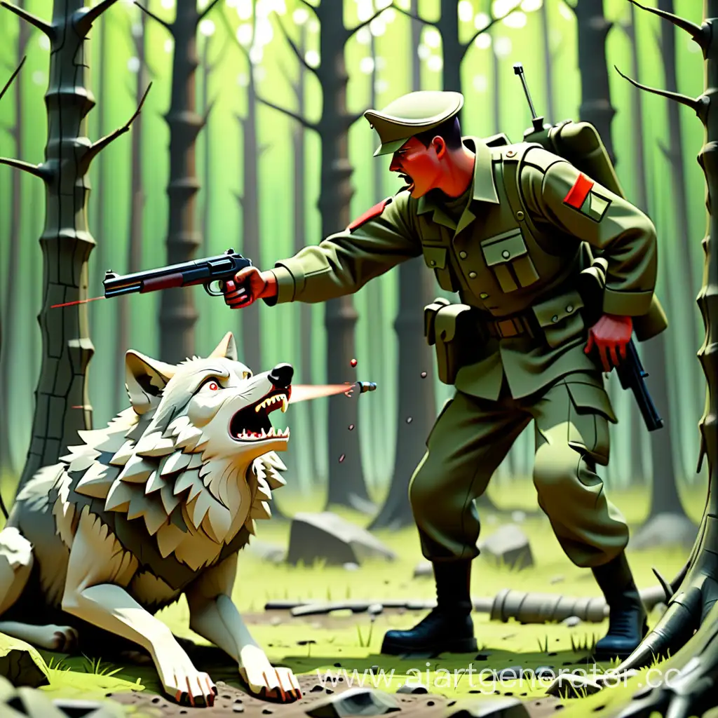 Солдат стреляет в волка в лесу
