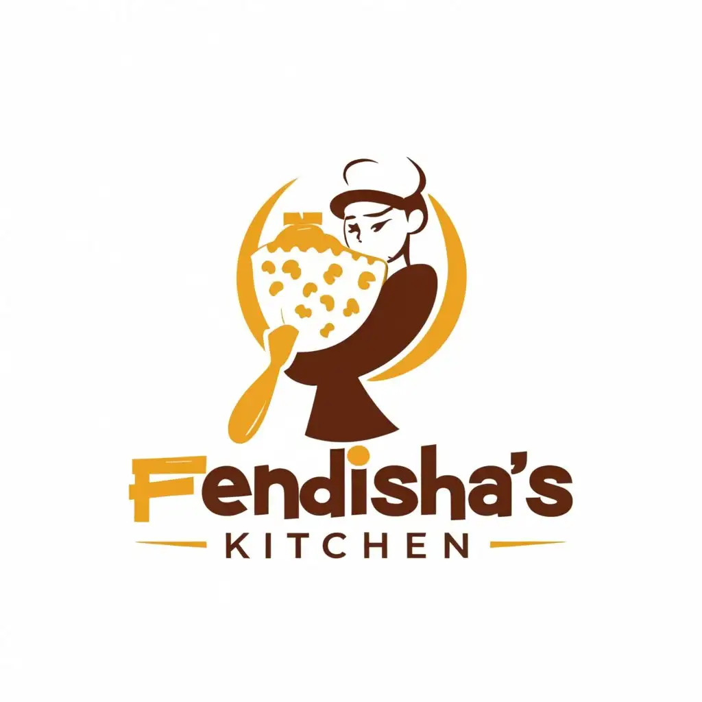 LOGO-Design-for-Fendishas-Kitchen-Minimalistic-Chef-Holding-Ladle-and-Popcorn