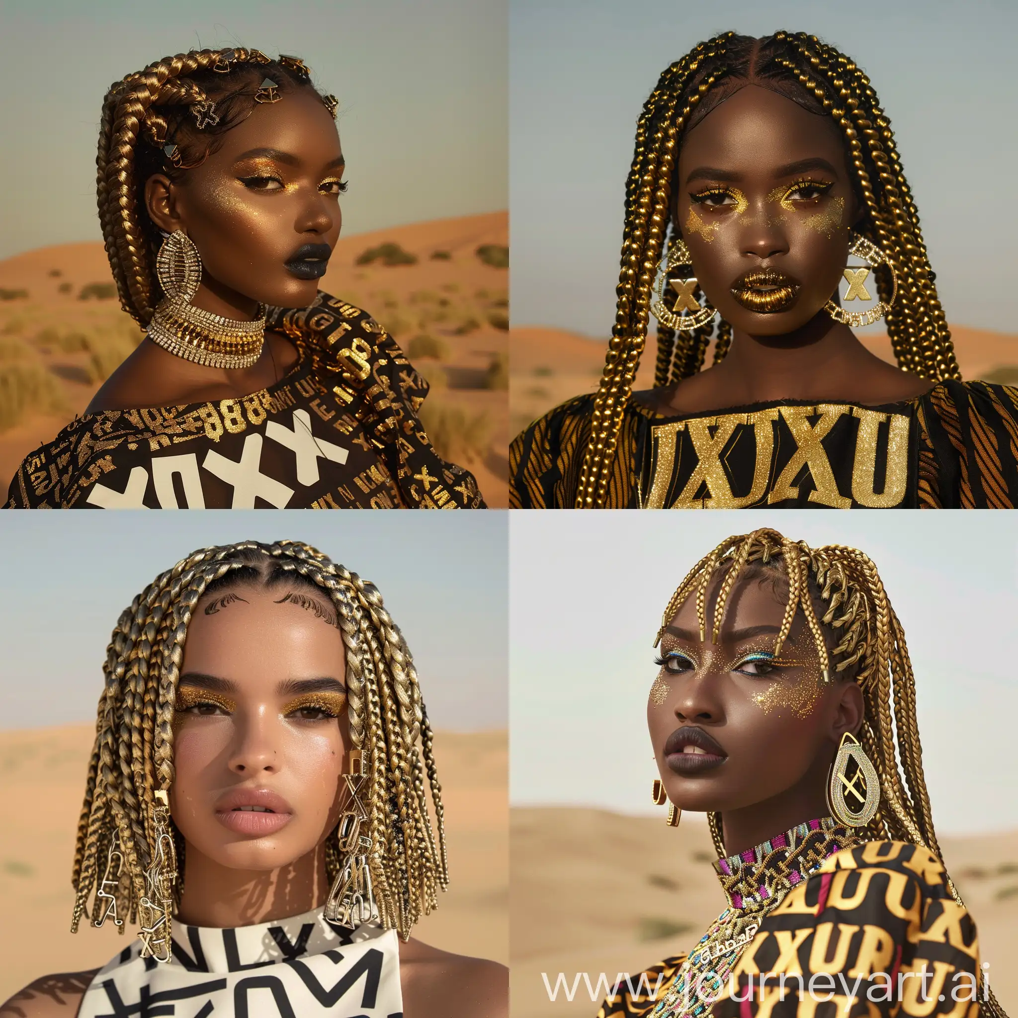 fashion photoshoot of model with gold braided hair, the camera focuses distant, wearing numembers earrings, she has a shining make up, she’s wearing XXL dress with letters on, background African desert, realistic, high quality