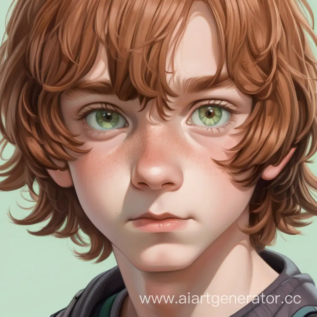 Мальчик 13 лет с русыми волосами волнистые под каре, бледно-зелёные глаза . небольшой шлам на нижней губе с левой стороны.