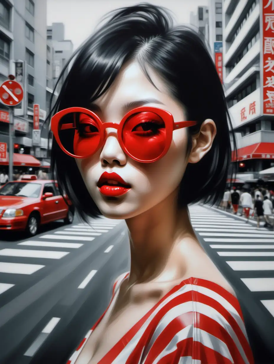 A painting of a cute model wearing red sunglasses, Tokyo streets, crosswalks stripes, traffic lights, cloudy day, Asian signs, by Mark Brooks, intricate intense elegant, longs nails to her lips, monochromatic airbrush (Avant-garde' fashion painting), faint red lips, lips wide parted, magazine page, girl in love by Greg Rutkowski, Ilya Kuvshinov, WLOP, Stanley Artgerm Lau, Ruan Jia and Fenghua Zhong,