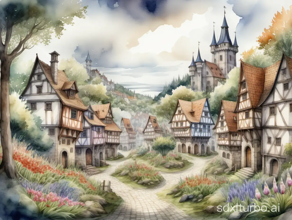 epic medieval town in an overcast fantasy forest landscape, grass and flowers in the streets, highly detailed watercolor painting