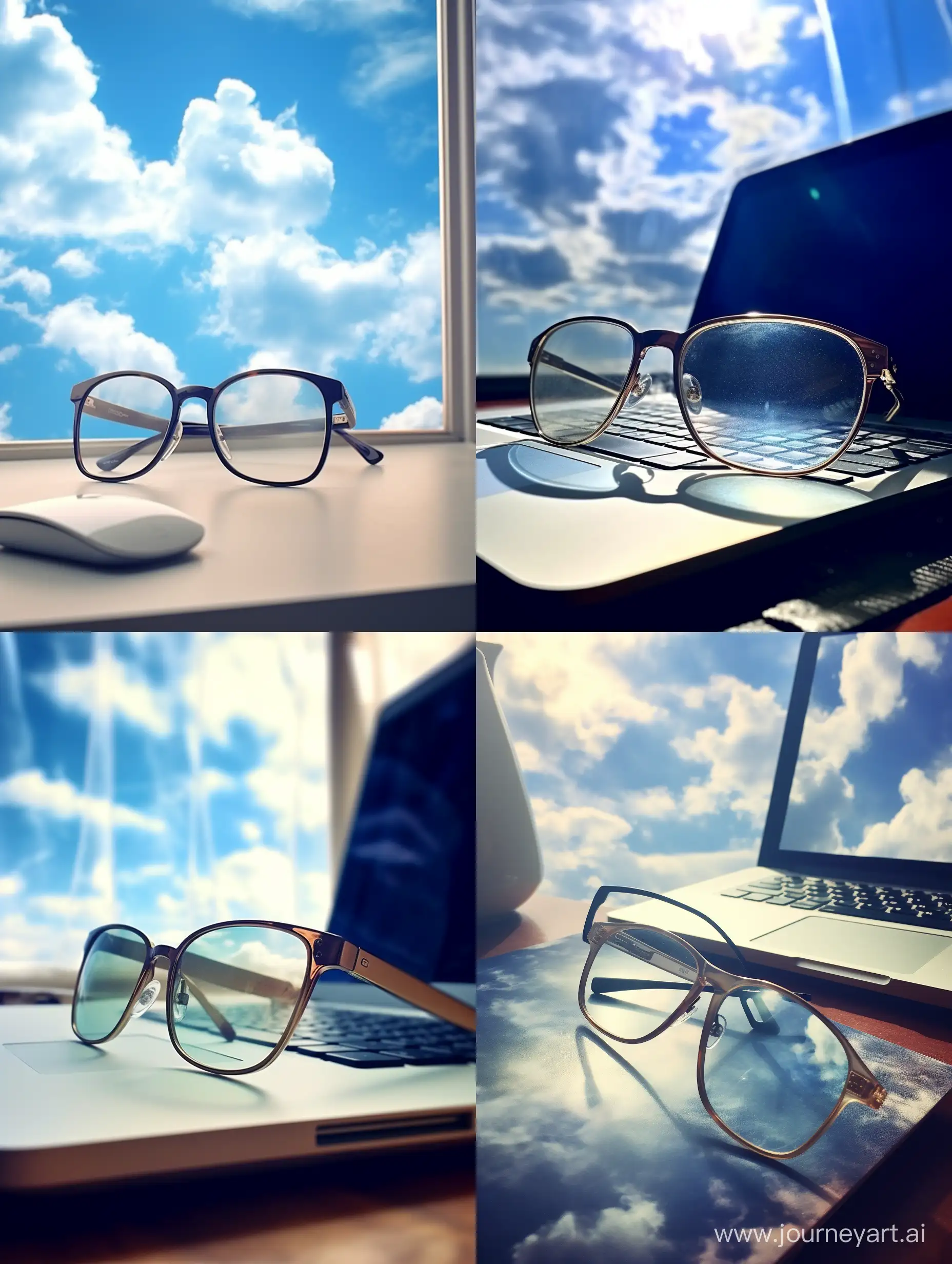 <电脑桌上放着眼镜>电脑、强光效果、质感、白天、窗口蔚蓝天空、摄影效果