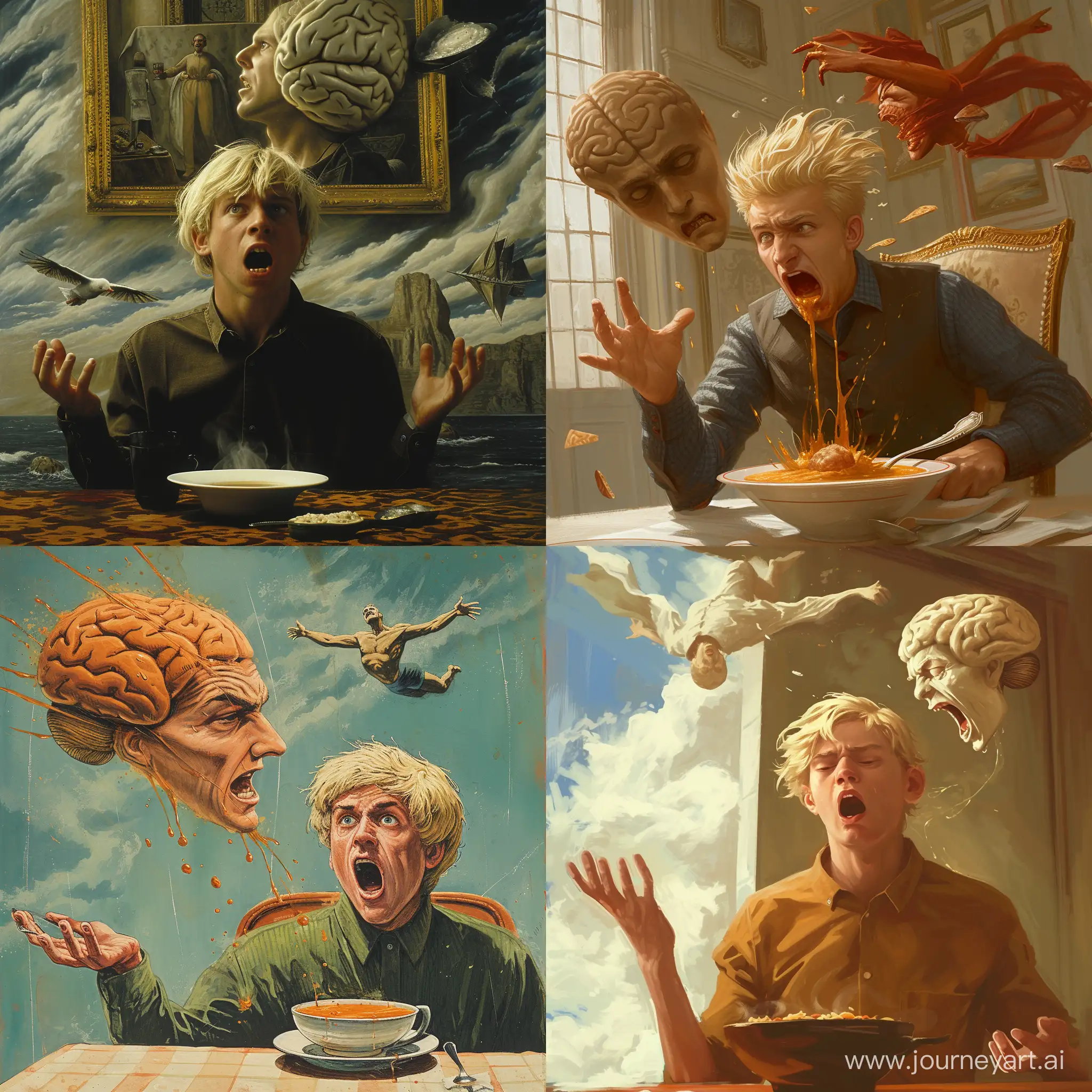 Мужчина блондин, отказывается есть суп а на него орёт летающая человеческая голова.