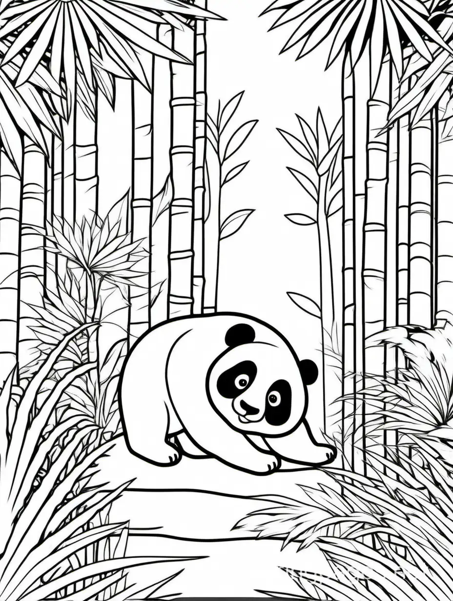 panda in jungle, Coloring Page, black and white, line art, white background, Simplicity, Ample White Space. The background of the coloring page is plain white to make it easy for young children to color within the lines. The outlines of all the subjects are easy to distinguish, making it simple for kids to color without too much difficulty