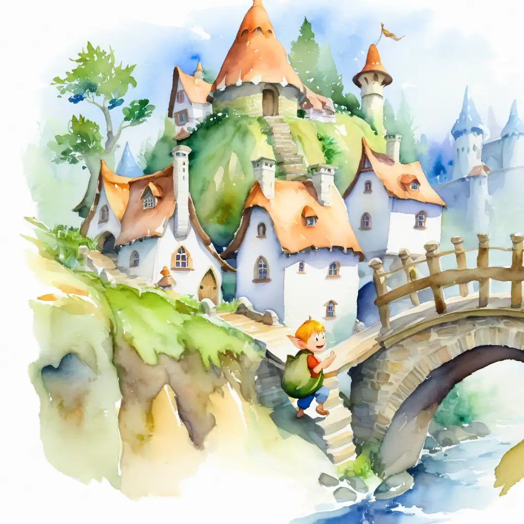 watercolor of fairy village and ogre under a bridge. Boy on the bridge with a sack. Match the refence photo