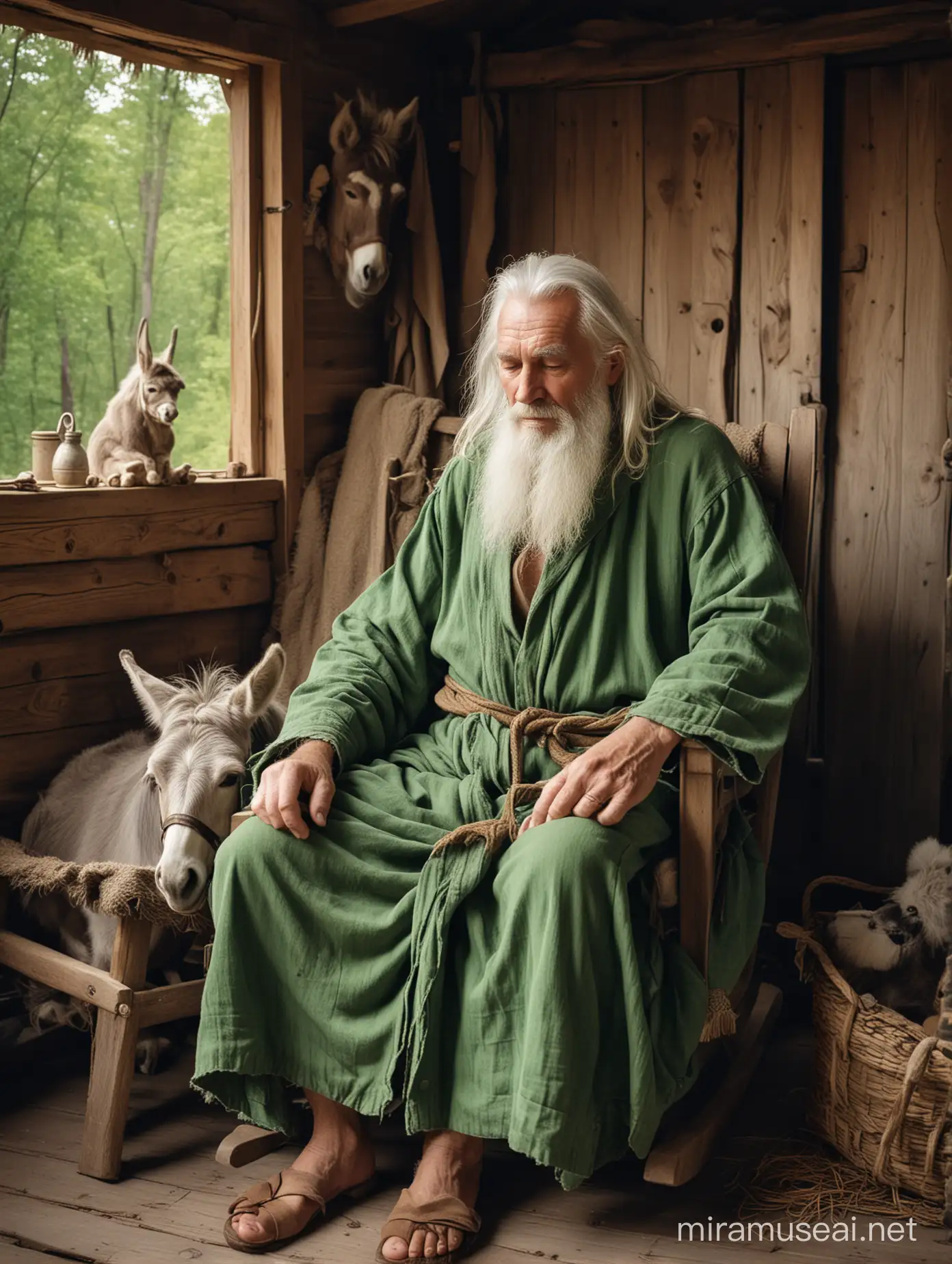 old hermit wrinkle man, with long white hair, short beard, wearing green ragged robe and clothes, sleeping, on rocking chair, with his pet donkey, in a cabin, in the forest.