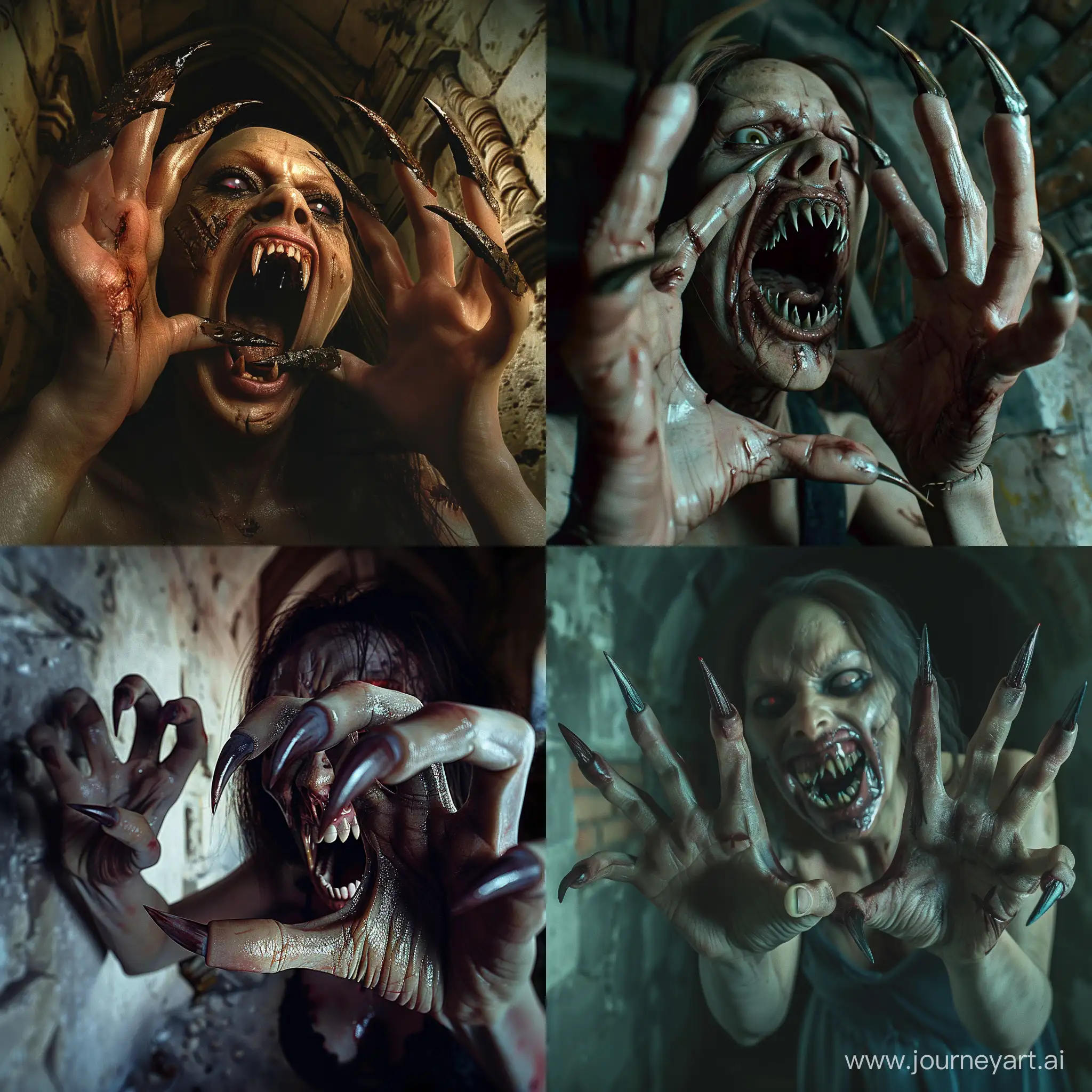 A horrifying nightmare scene of aggressive a zombie woman with extra long curved pointed nails, like beast claws, on her five-fingered hands, her mouth is open with pointed sharped teeth resembling fangs, she attacks you, scene inside abandoned crypt, hyper-realism, cinematic, high detail, photo detailing, high quality, photorealistic, terrifying, aggressive, sharp teeth-fangs, dark atmosphere, realistic detailed, detailed nails, horror, atmospheric lighting, full anatomical, human hands, very clear without flaws with five fingers, horror vision