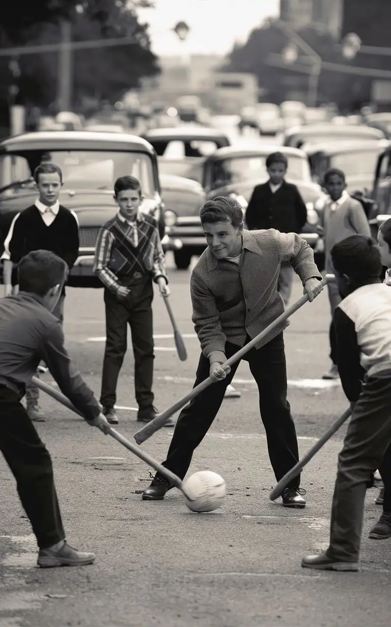Young Arnold Schwarzenegger playing stickball with children on a New York City street in the 1950’s. 