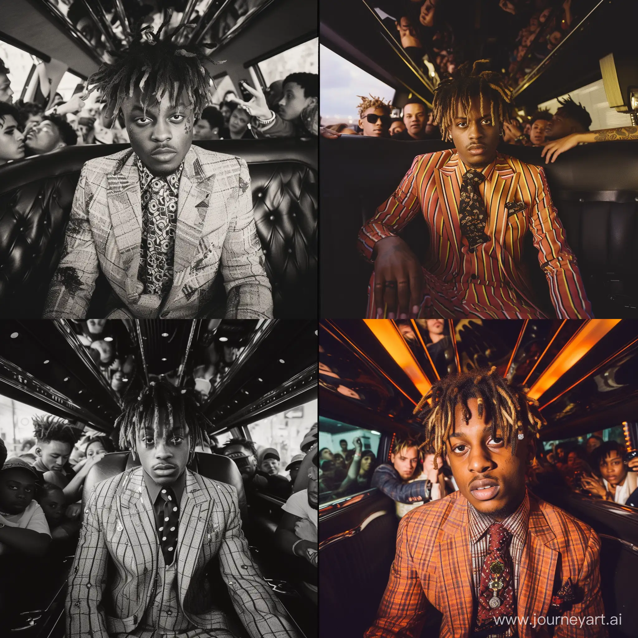 A 1960s Photograph of Juice WRLD wearing a Suit and tie.Inside a Limousine with fans everywhere.