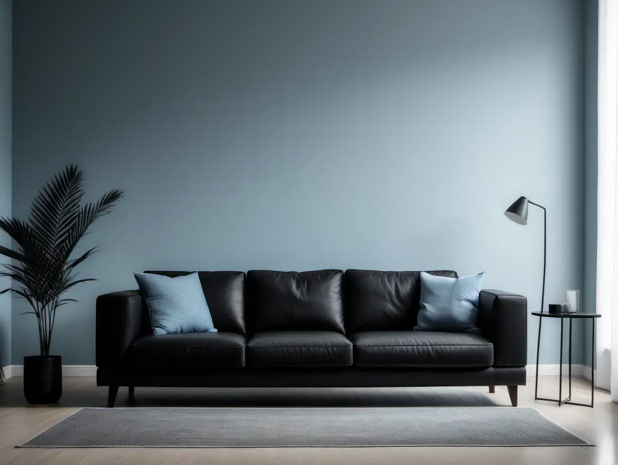Commercial Photography, modern minimalist living room interior with black sofa tranquil blues decor and light grey wall