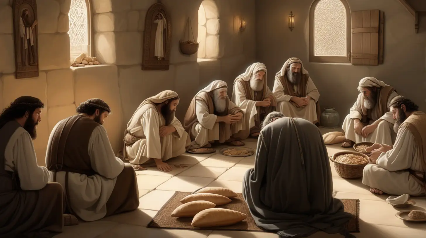époque biblique, à l'intérieur d'une maison, de nombreux hébreux juifs hommes et femmes très tristes, pleurent, ils sont en deuil, beaux visages, tous assis par terre ou sur des coussins, quelques assiettes contenant de la nourriture sont posées sur le sol  