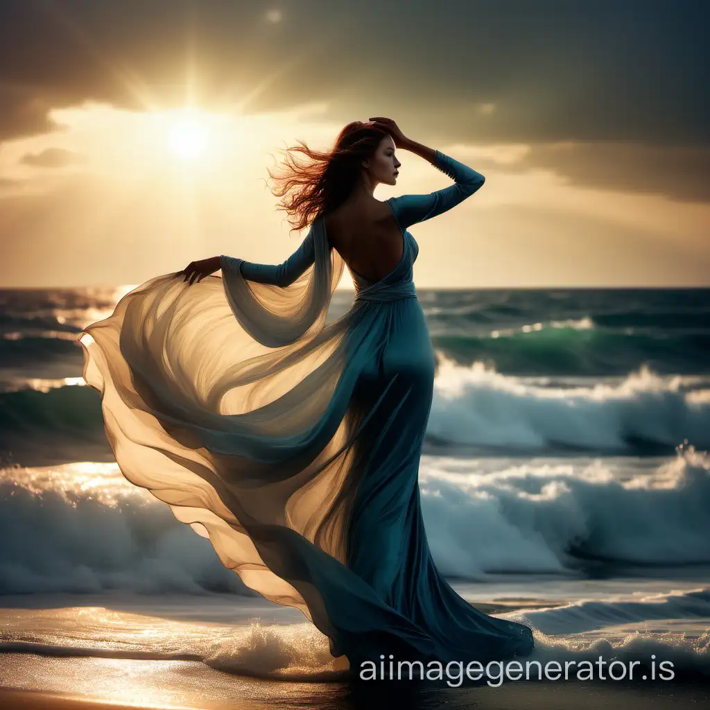 The image portrays a stunning woman standing gracefully against the backdrop of the ocean. She exudes an aura of elegance and confidence, her silhouette defined against the vast expanse of the sea. Her flowing attire mirrors the gentle movement of the waves, adding to the sense of harmony with the oceanic surroundings. The sunlight glistens on the water's surface, casting a warm glow that enhances the beauty of both the woman and the natural landscape. This scene captures the timeless allure of feminine beauty juxtaposed with the timeless majesty of the ocean.