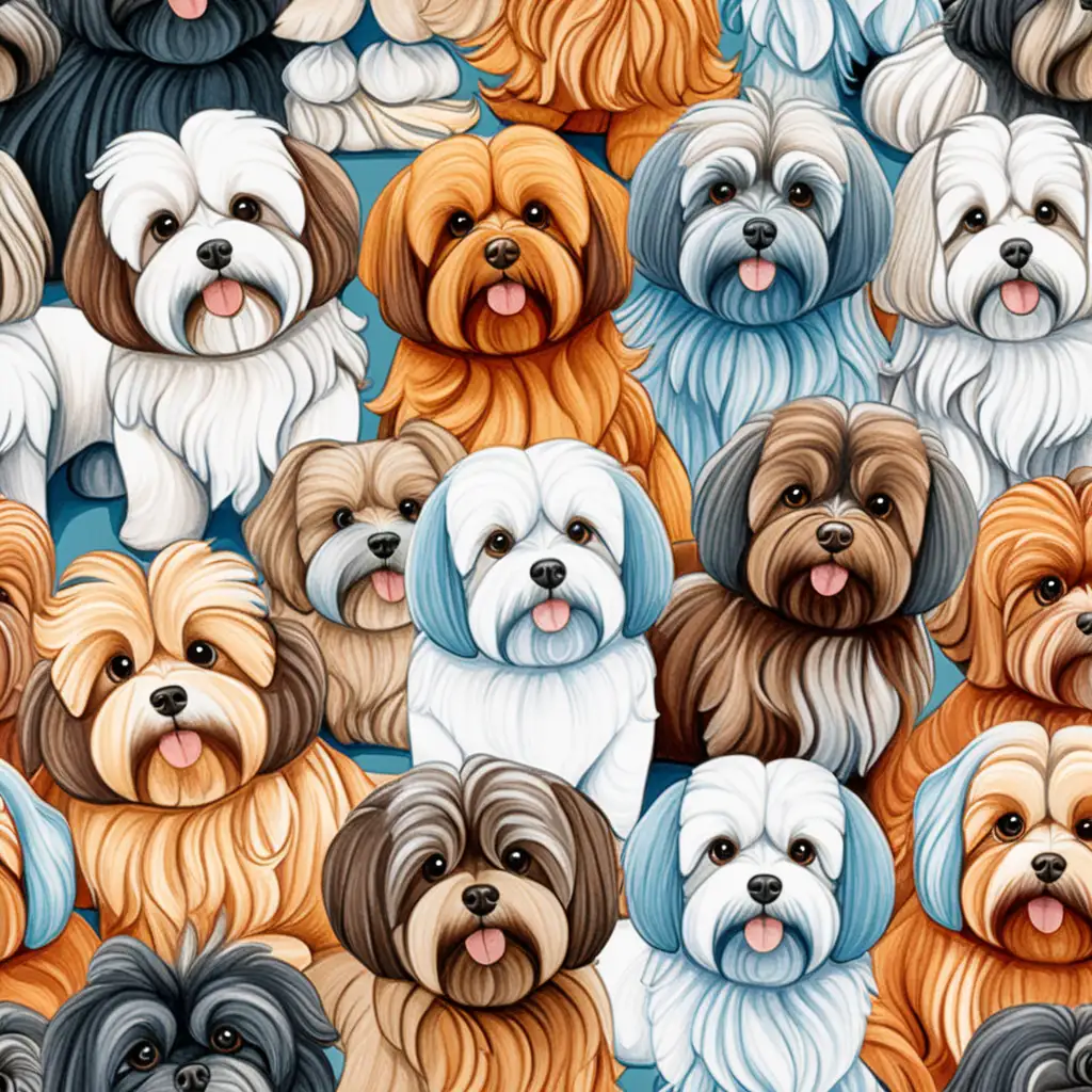 Colorful Drawing of a Playful Havanese Dog Family