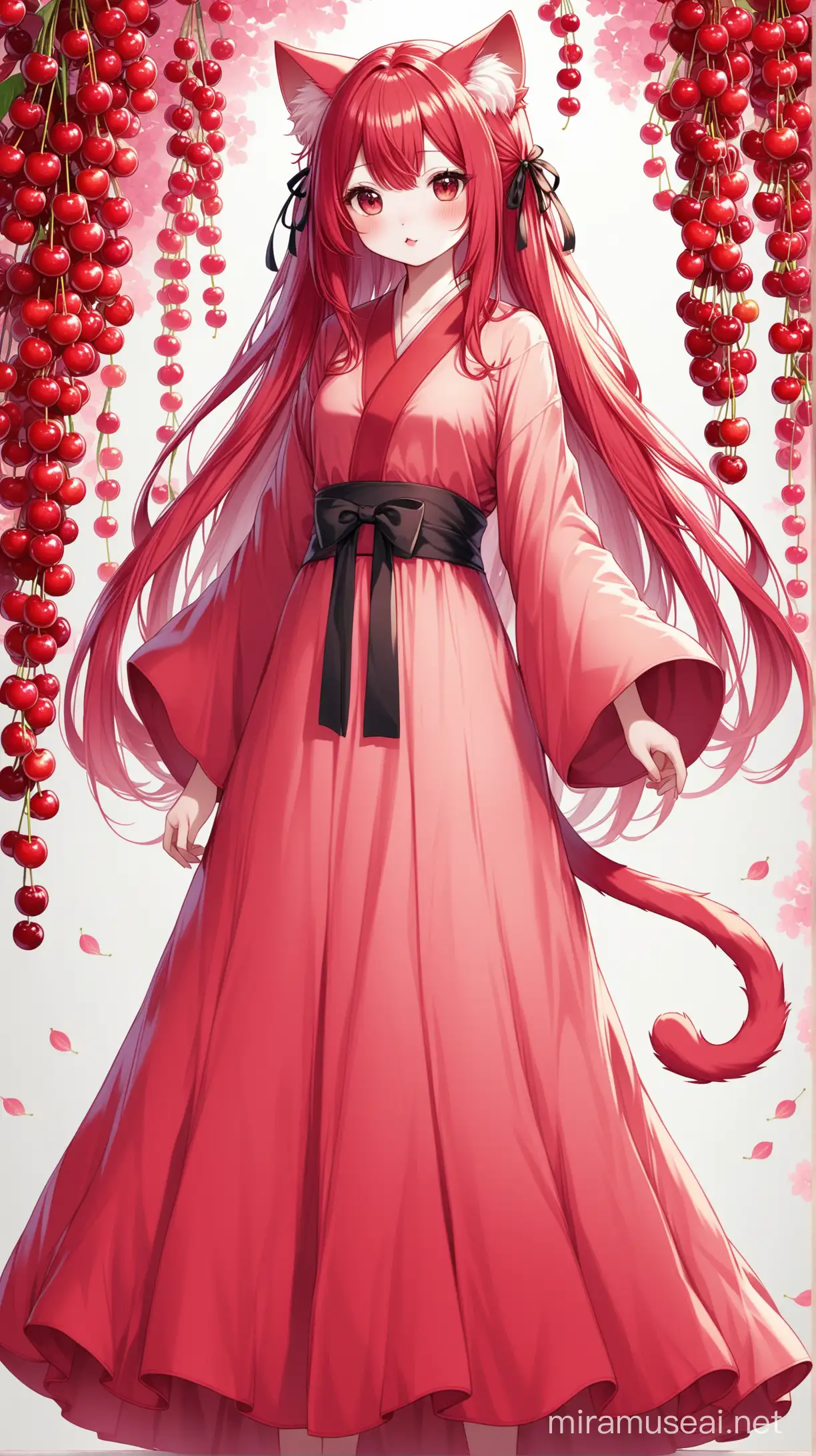 un chat humanoïde comme cerise au cheveux de la couleur du fruit cerise, porte de longs vêtements