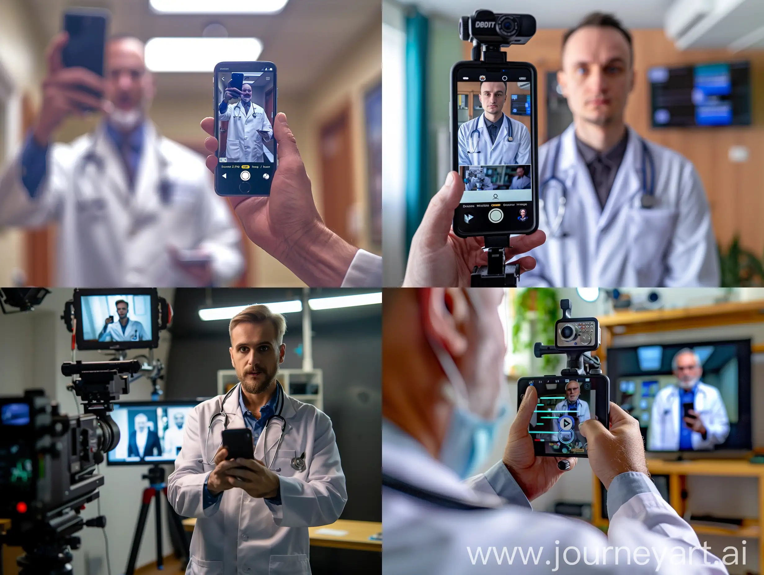 врач снимает на телефон короткое рекламное видео о себе для своего блога, фотореализм, детали
