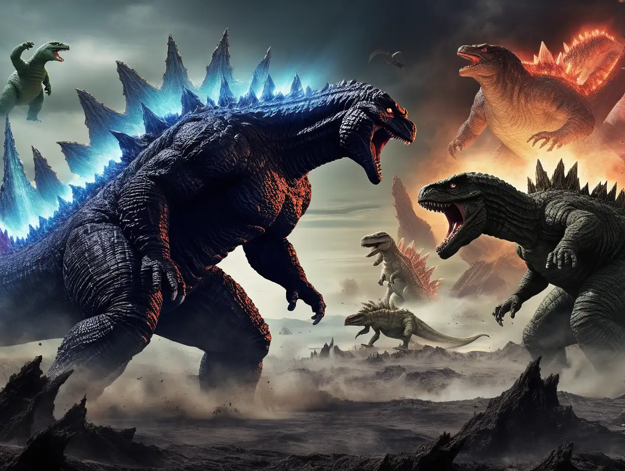 Godzilla fighting  dinosaurs a barren planet