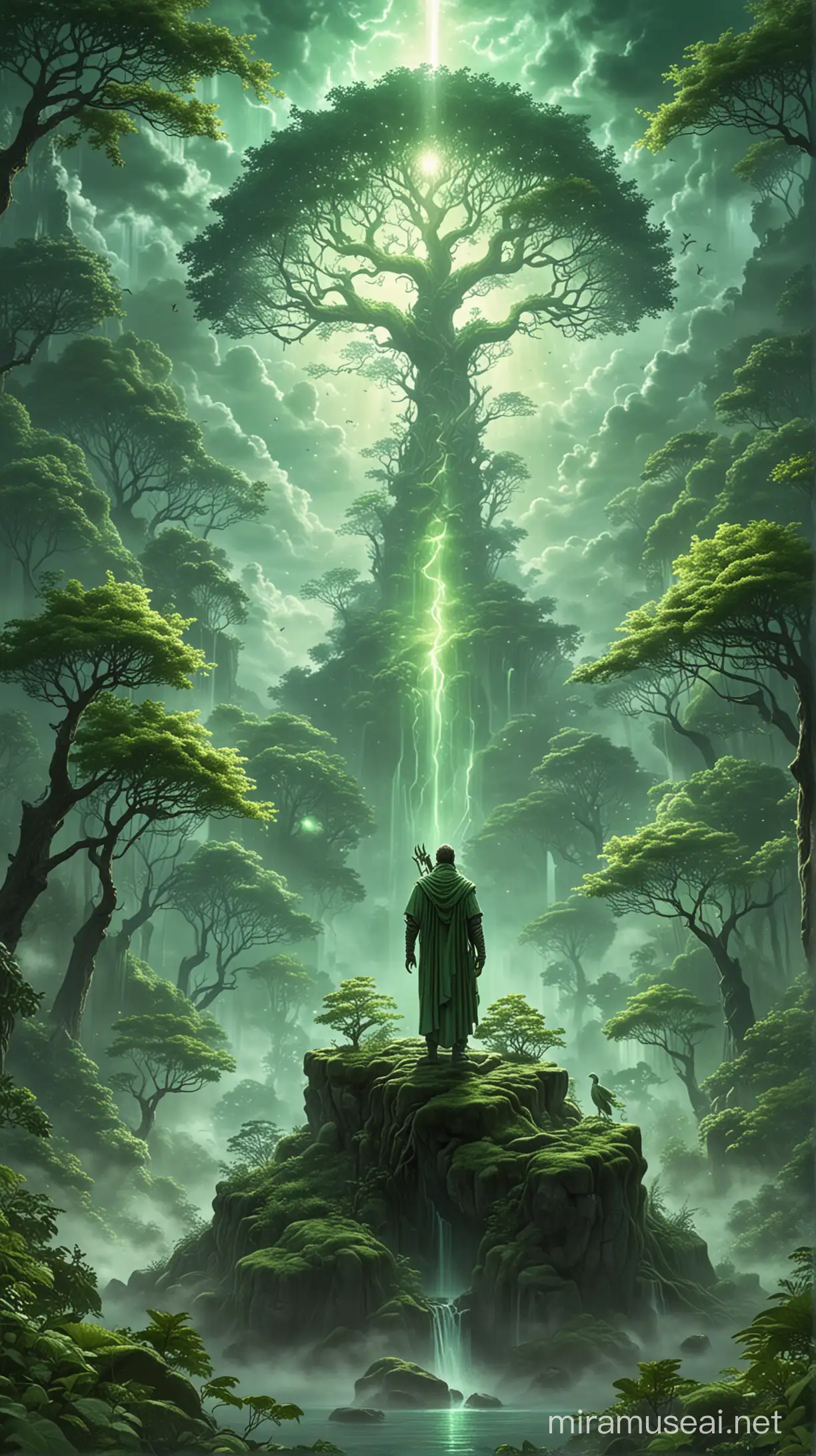 The god of life in a fantasy forest, light green themed, mythical, fantasy sky, light