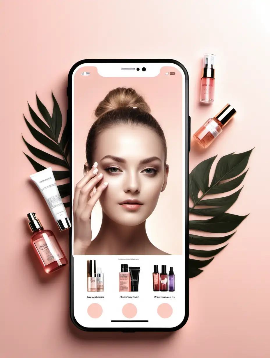 Crea una imagen donde existe ecommerce, y se vea una aplicacion movil donde sea el protagonista de la imagen dentro de la pantalla del movil que se oferten productos cosmeticos y cuidados para la piel. 