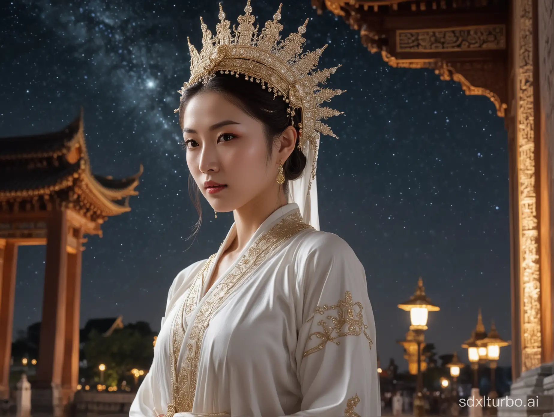 A female bodhisattva with a strong sense of future technology , she has fair skin and a graceful figure. dressed in white robes.beautiful headdress, chest ornament. (Salasadi) appears in front of the palace gate wearing sparkling clothing, with a visual highlight and deep eyes. The picture begins with a starry sky, and gradually zooms in on the shining Buddhist palace.